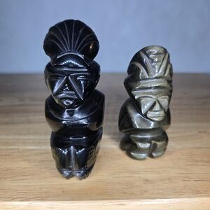 Hand Carved Black Obsidian Aztec Mayan Figurine Set Of 2 Gold Sheen Onyx